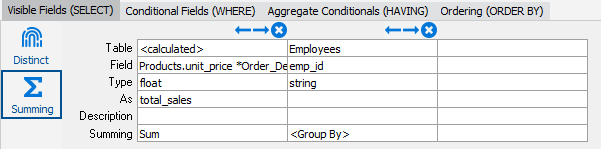 The data entered under the SELECT tab. The first column is a calculated value. The Field field is unit price times quantity. The type is float, and the As field reads total underscore sales. Summing is set to sum. The second column is simply the emp i d field from the employees table. Summing is set to group by.